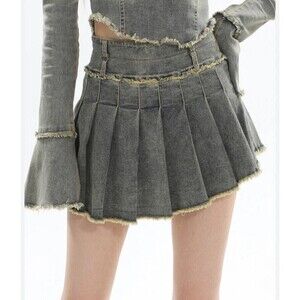 Elfric Eden Y2K Pleated Denim Mini Skirt Sz M Asymmetrical 80s Grunge indie boho